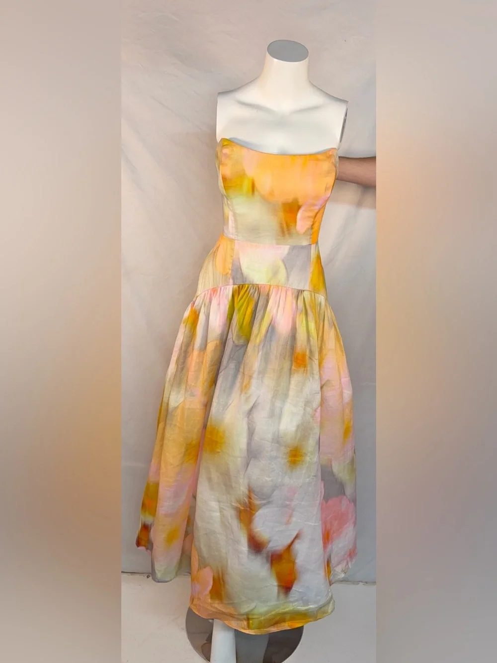 Tracy Reese Strapless Watercolor Floral Midi Dress in Pink, Yellow and Cream - Picture 3 of 11
